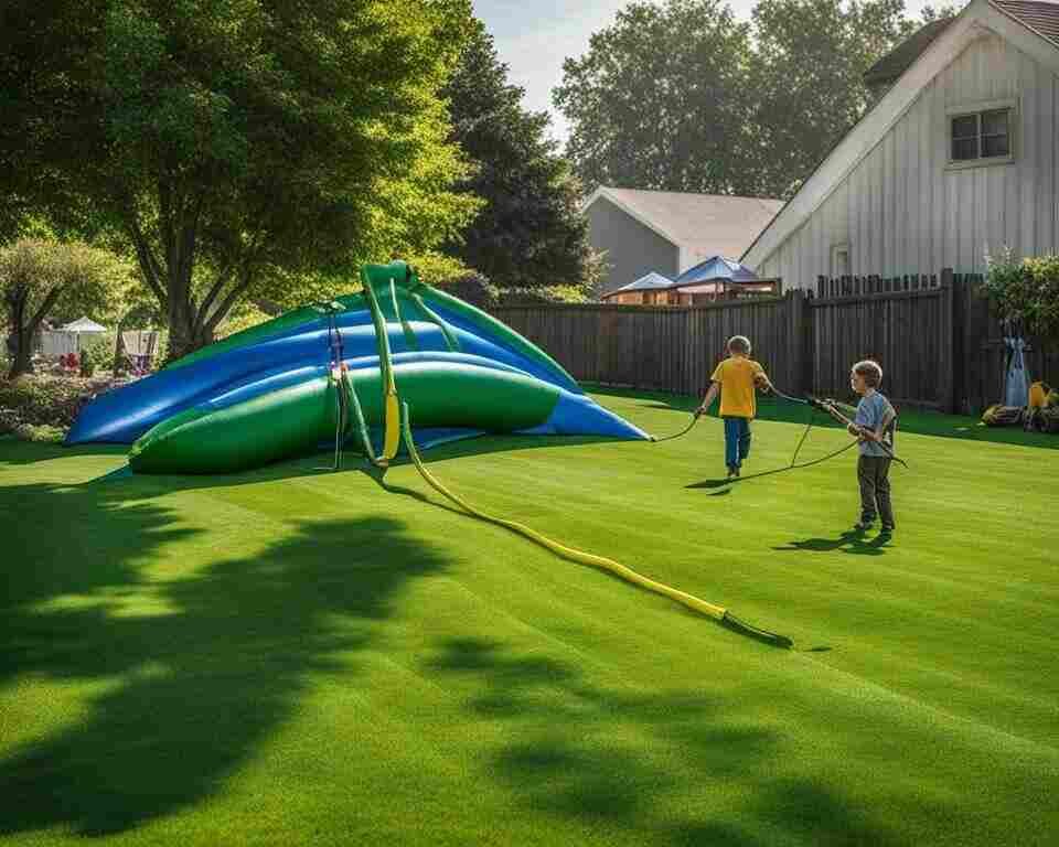 Two kids helping their dad set up an inflatable castle in their backyard.