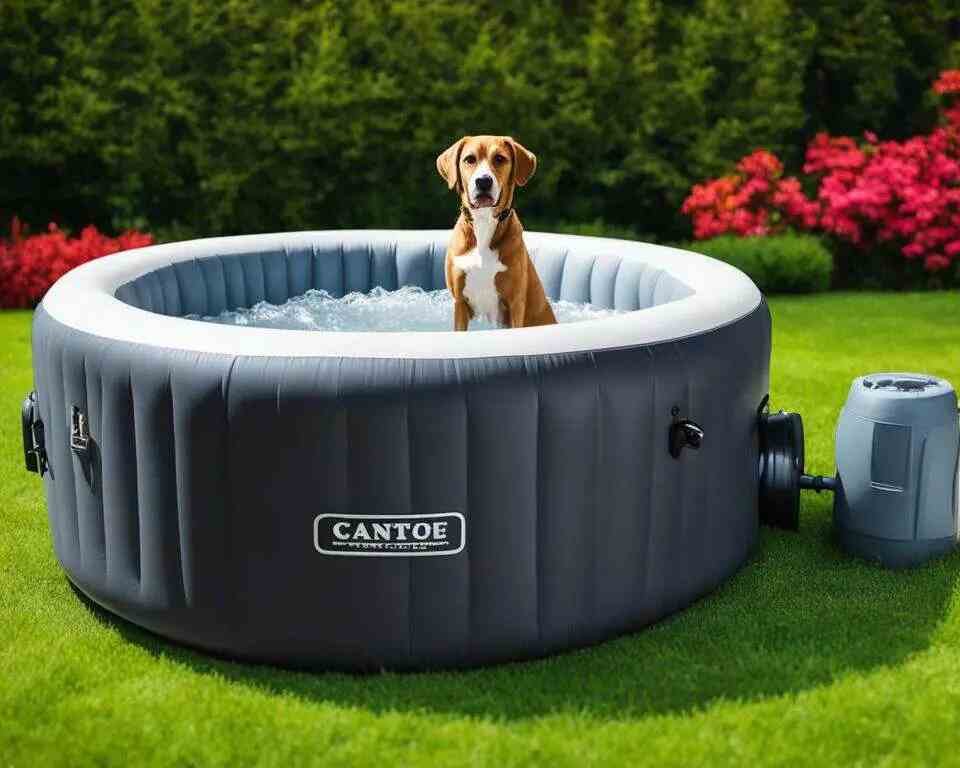 A dog jumping around in an inflatable hot tub.
