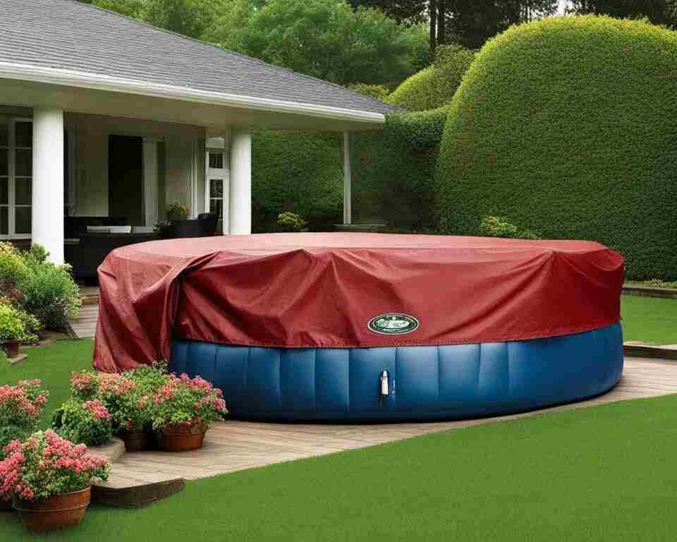 A cover on an inflatable hot tub protecting it from rain.