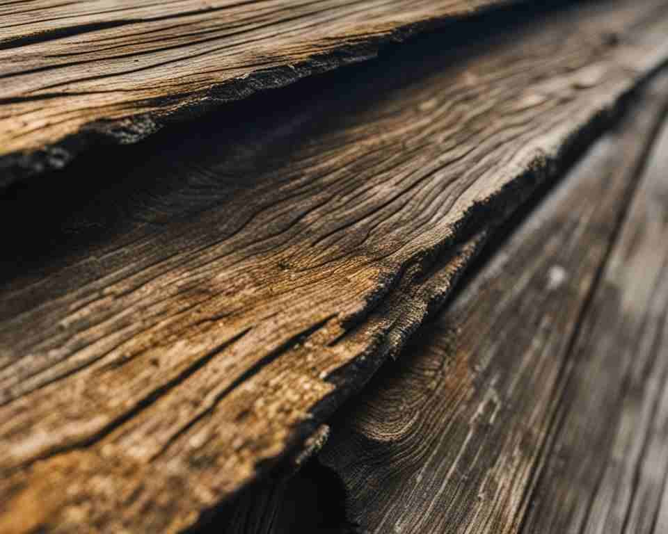 A close-up of a deck plank with visible wood grain, showing a subtle discoloration and indentations that indicate possible wood rot.