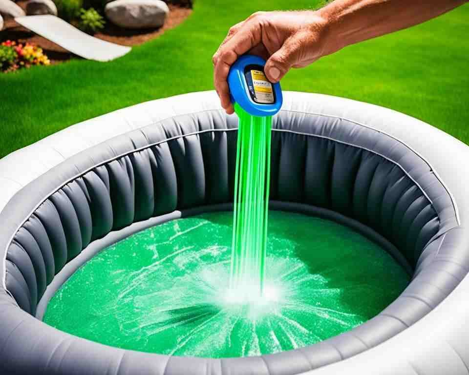 A person holding a bucket of shock treatment and pouring it into their inflatable hot tub.