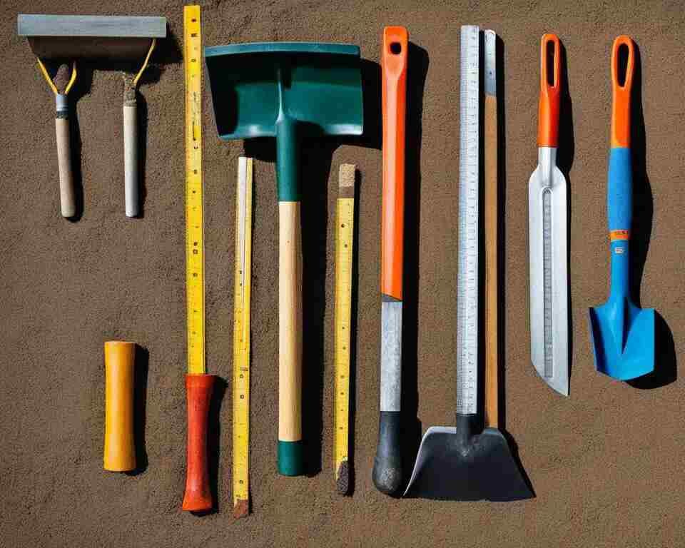 A collection of tools seen from above, including a shovel, rake, level, yardstick, and rubber mallet, arranged neatly on the ground.