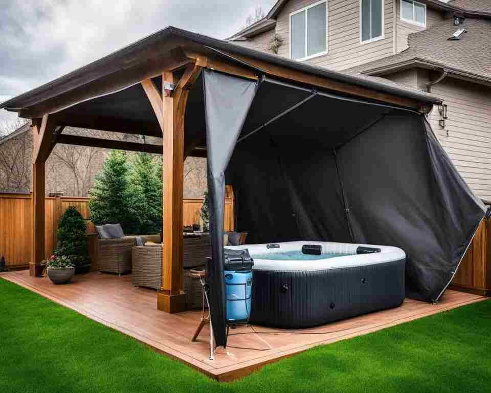 A Gazebo protecting an inflatable hot tub from the elements.