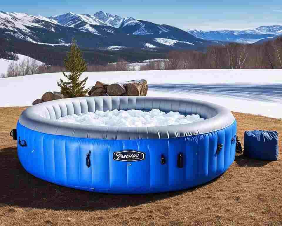 A blue colored inflatable hot tub outside in winter.