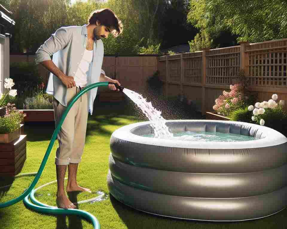 A person refilling his clean inflatable hot tub with water.