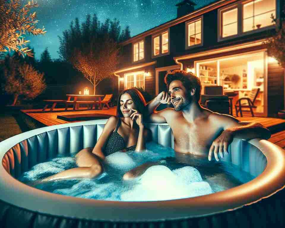 A couple enjoying a dip in an inflatable hot tub at night.