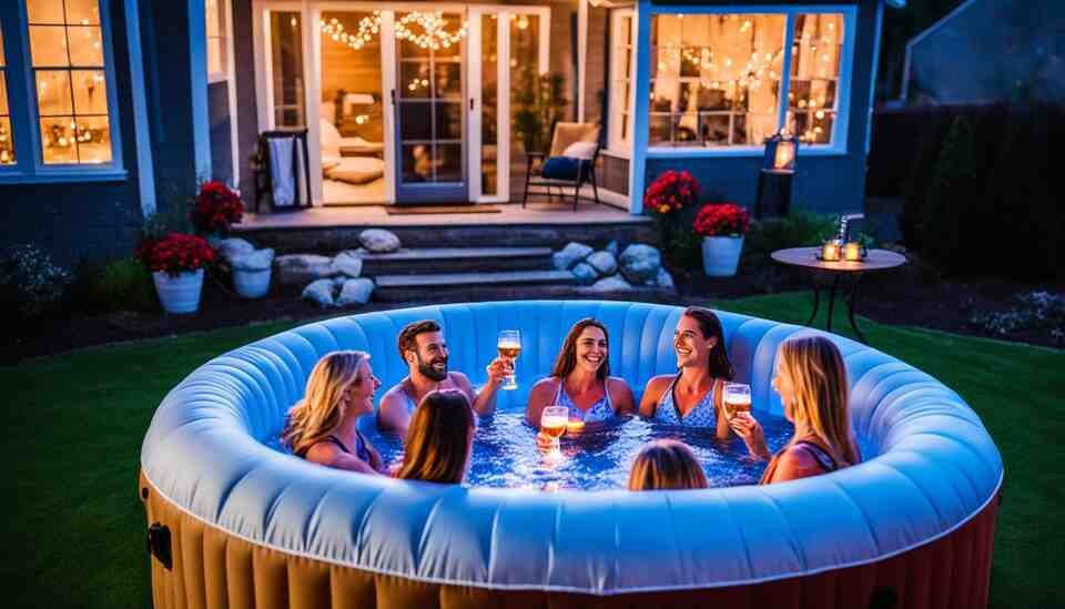 A group of friends enjoying a relaxing night in their backyard with an inflatable hot tub in the center.