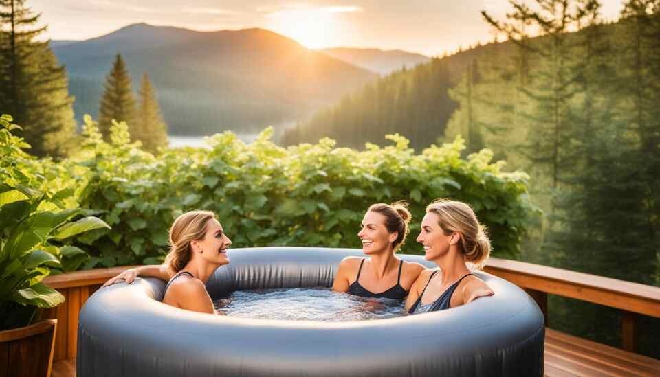 Friends enjoying a dip in a backyard inflatable hot tub.