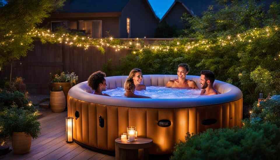 A group of friends enjoying a relaxing evening in their inflatable hot tub, surrounded by twinkling lights and lush greenery. 