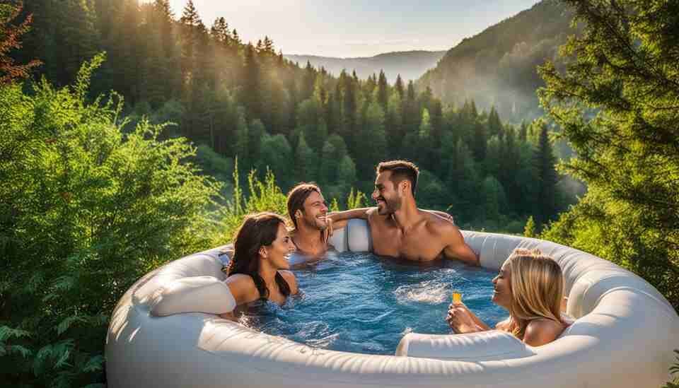 A group of people relaxing in a cost-effective inflatable hot tub surrounded by nature.