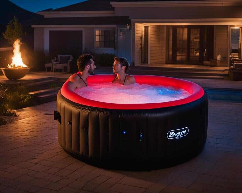 An inflatable hot tub with a red warning light flashing and a confused person trying to figure out why it's beeping and displaying an E02 error code.