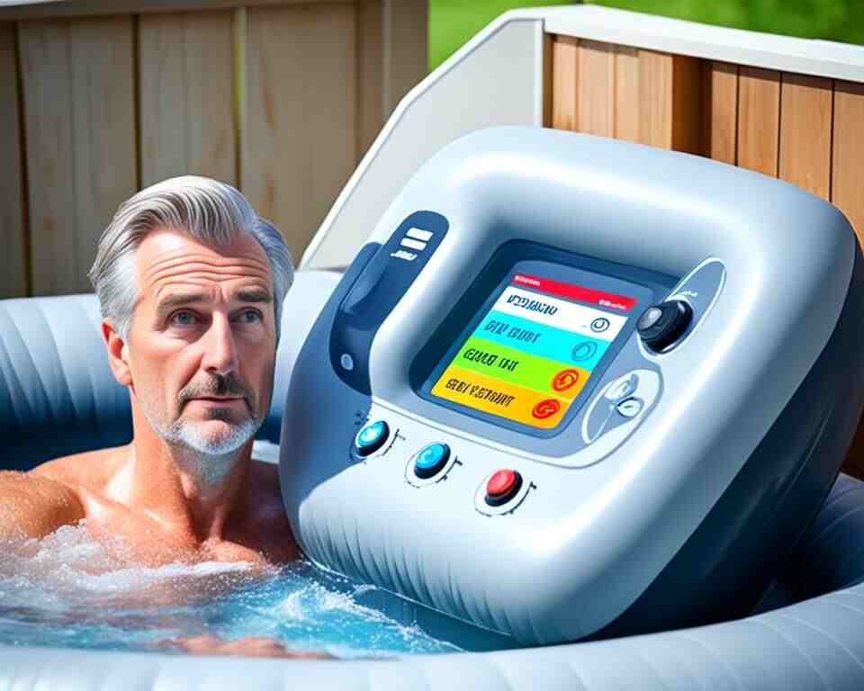 A confused person in an inflatable hot tub looking at the control panel display.