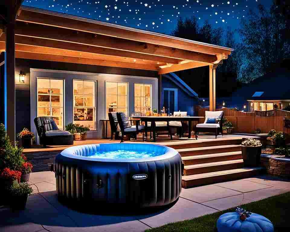 an image of an outdoor patio at night with an inflatable hot tub in the center.