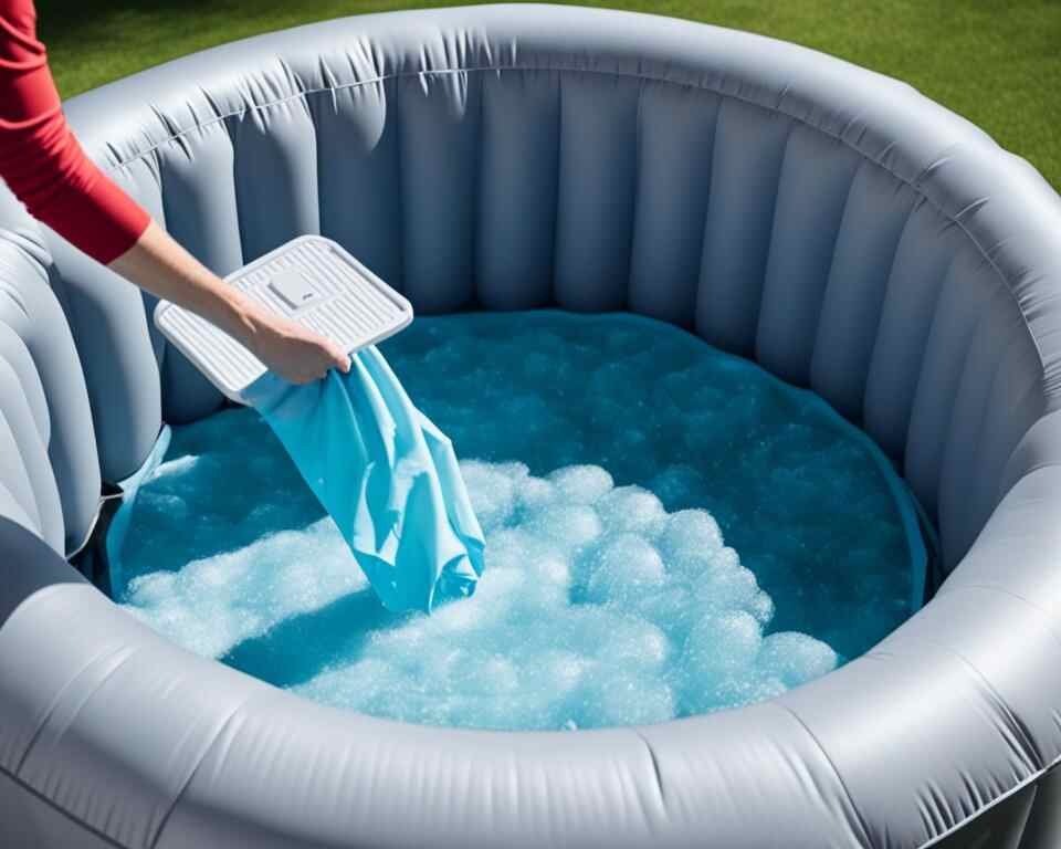 A person cleaning an inflatable hot tub.