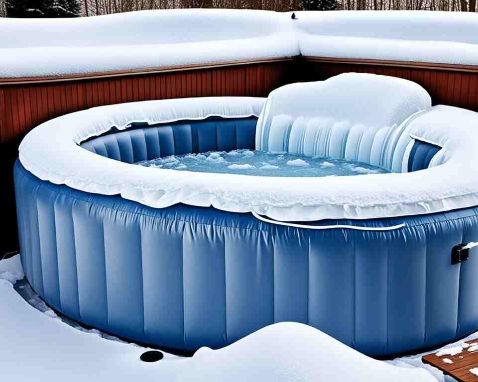 An inflatable hot tub with its surface cracked and shattered from being frozen. The water inside has turned into ice, causing the sides of the hot tub to bulge outwards.