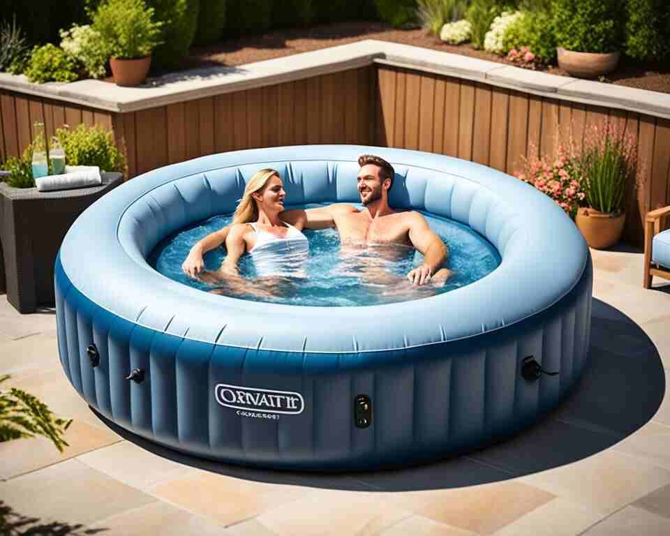 A couple enjoying the aftermarket seats added to their inflatable hot tub.