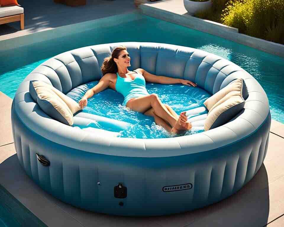 A person sitting comfortably in an inflatable hot tub with multiple seating options.