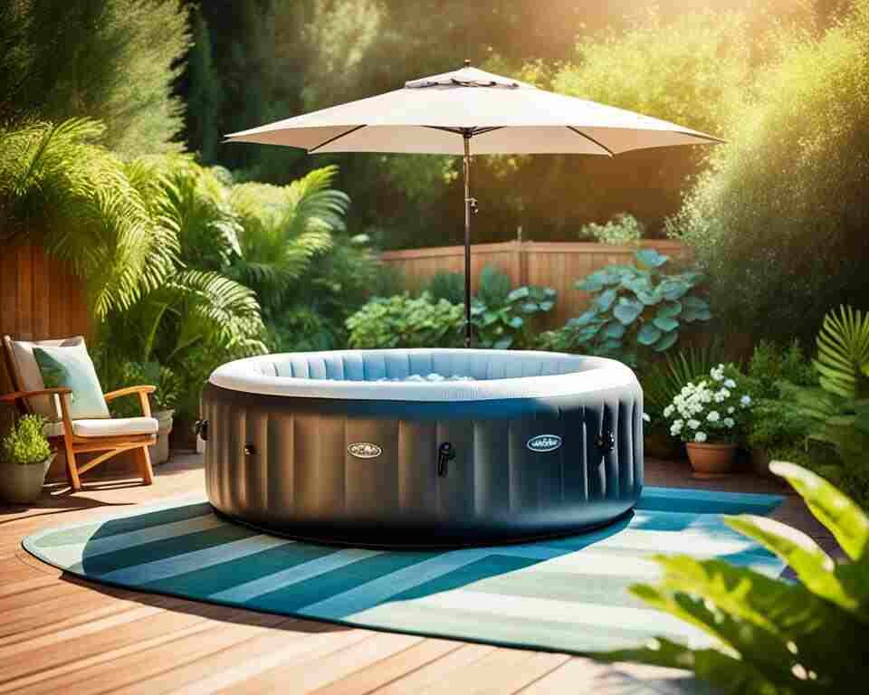 An inflatable hot tub in a sun-drenched backyard, surrounded by lush greenery. The hot tub should be partially shaded by an umbrella.