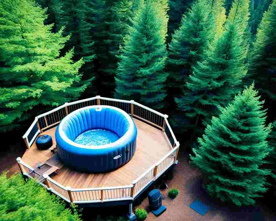 An aerial view of a deck with an inflatable hot tub placed in the center.