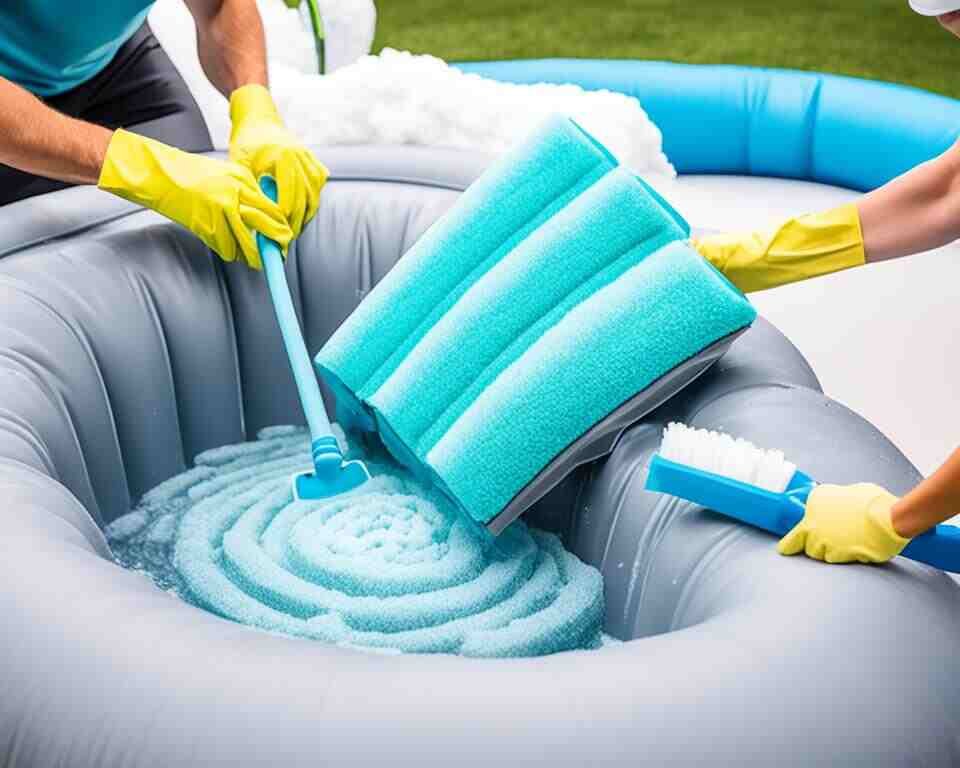 A person using a scrub brush to clean the interior of an inflatable hot tub, while another person is draining the water from the tub.