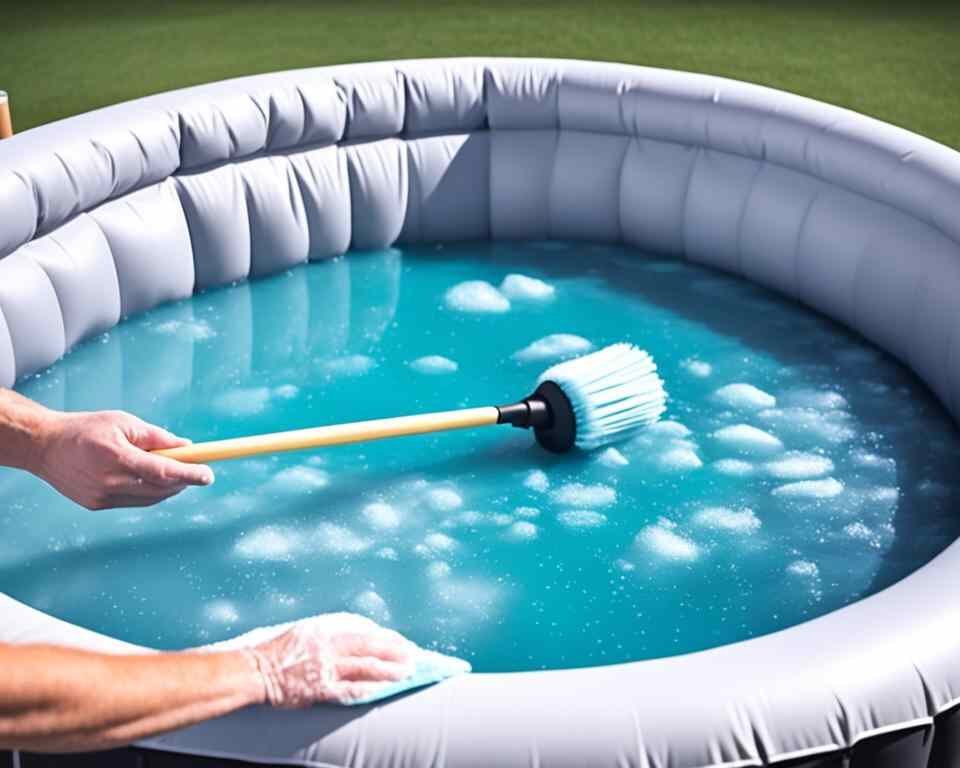 A person using a long brush to scrub the inside of an inflatable hot tub with soapy water, while another person empties the dirty water out of the tub.