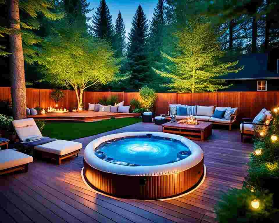 A spacious backyard with a lush green lawn and a wooden deck, surrounded by tall trees. In the center of the deck, place an inflatable hot tub filled with steaming water and illuminated by soft colored lights.