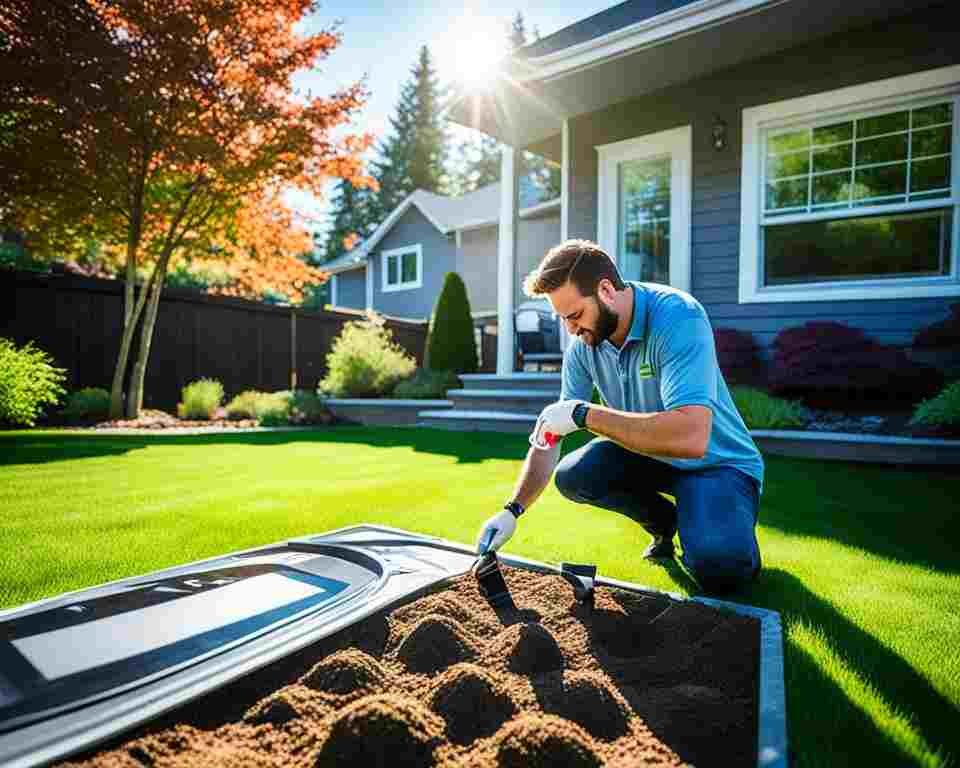 A person examining the ground surface for hot tub placement.