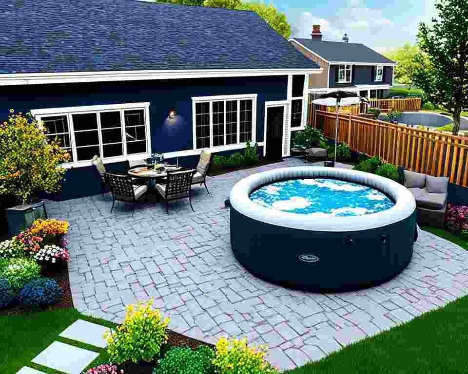 An image that showcases a house with various potential locations for an inflatable hot tub.