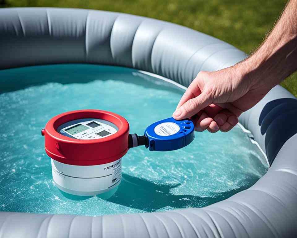 A person testing the water quality of their inflatable hot tub.