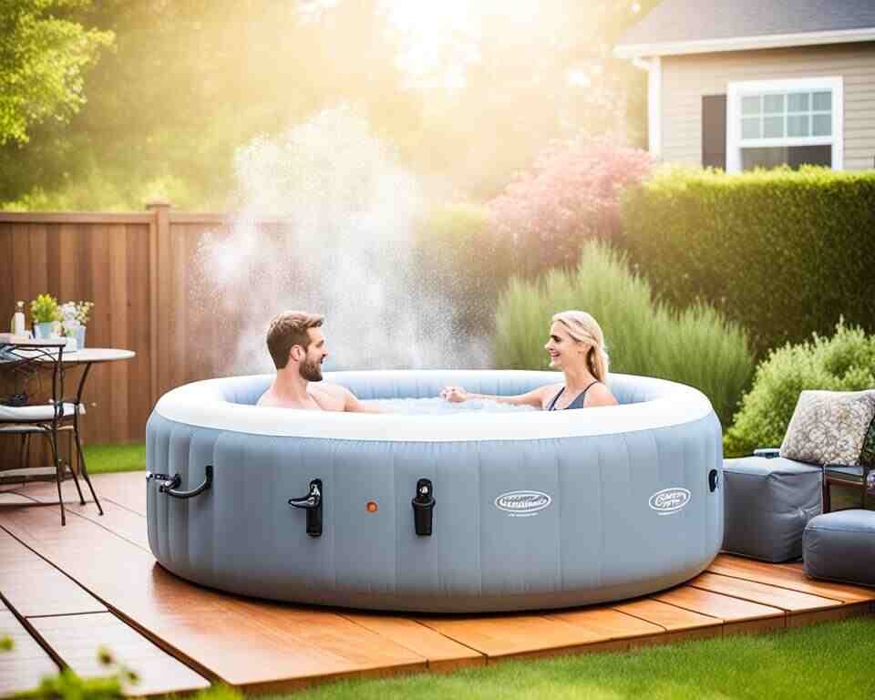 A couple enjoying their freshly cleaned inflatable hot tub. 