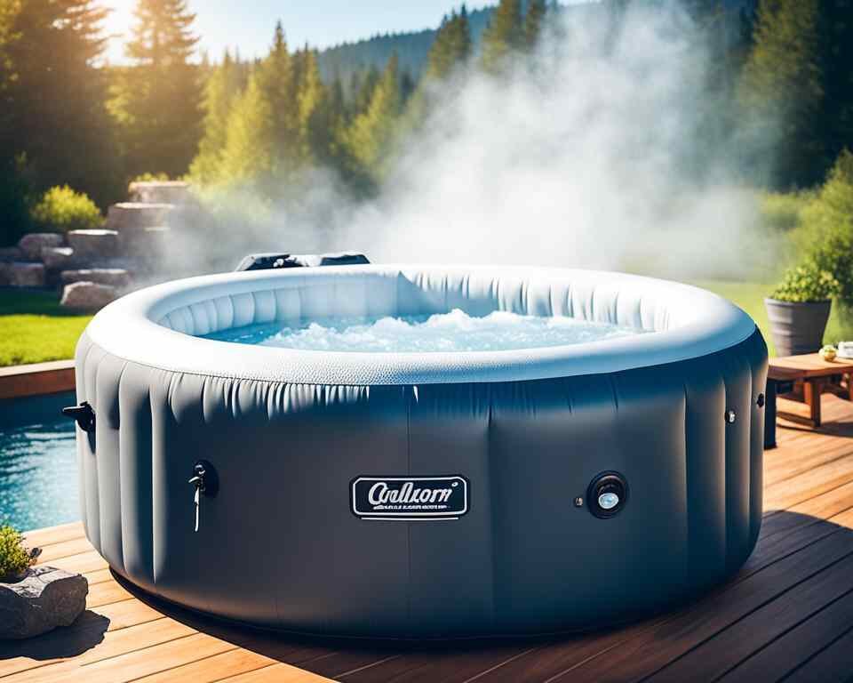 A steamy inflatable hot tub emitting unpleasant odor amid a serene outdoor scenery.