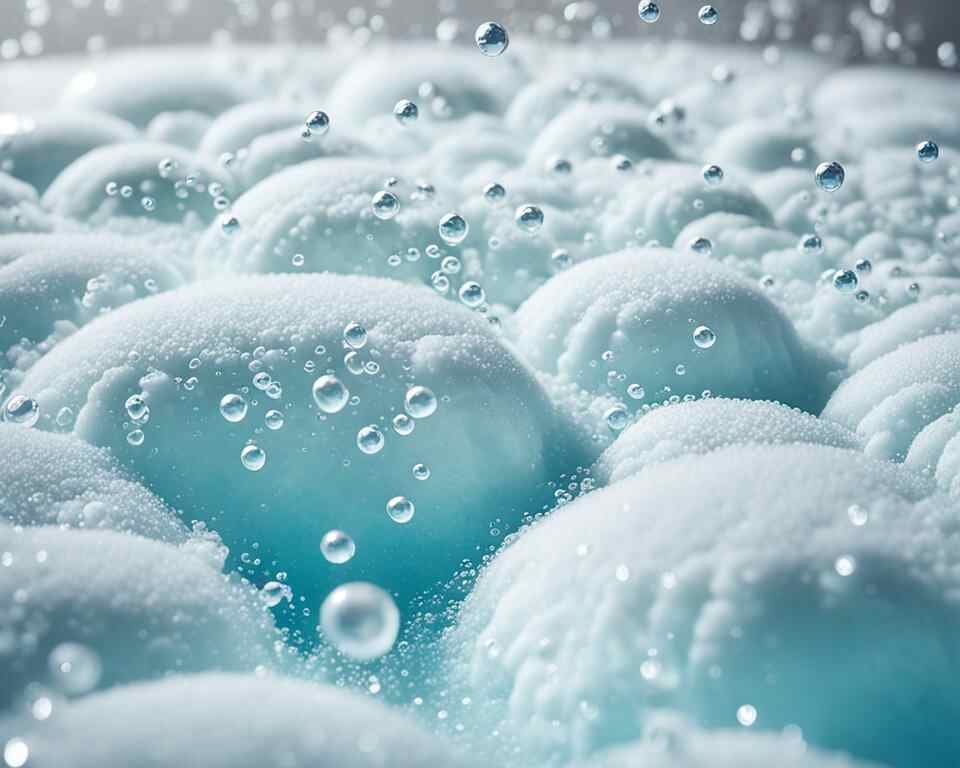 A close-up image of hot tub foam with bubbles of different sizes and textures floating on the surface.