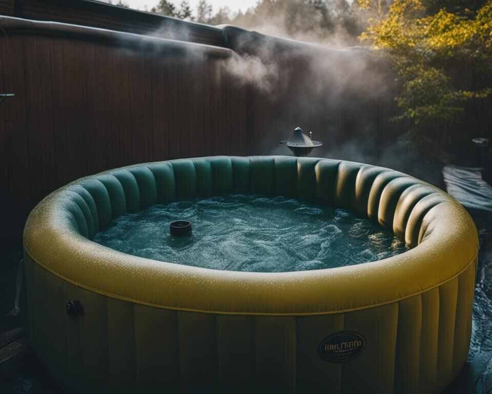 A murky, yellowish steam rising from an inflatable hot tub surrounded by moldy, damp towels and discarded drinks.