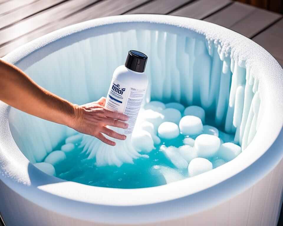 A hot tub with foam overflowing and a hand reaching for a bottle of defoamer.
