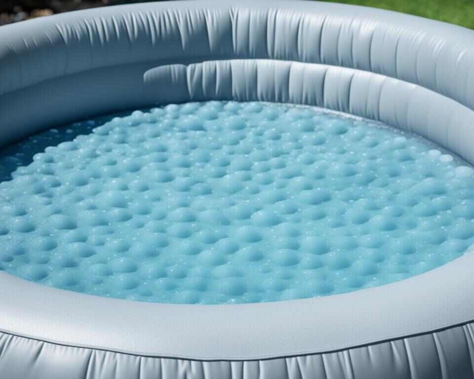 A close-up view of an inflatable hot tub, with a leak on the bottom.