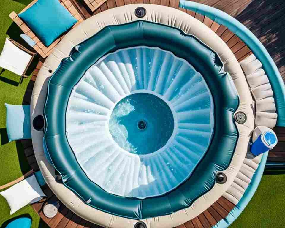 An overhead view of an inflatable hot tub with water leaking out from underneath.