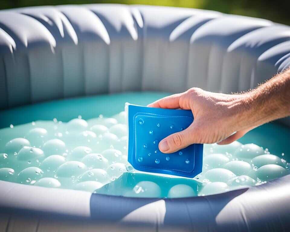A person holding a patching kit over the bottom of an inflatable hot tub with water droplets visible on the surface.