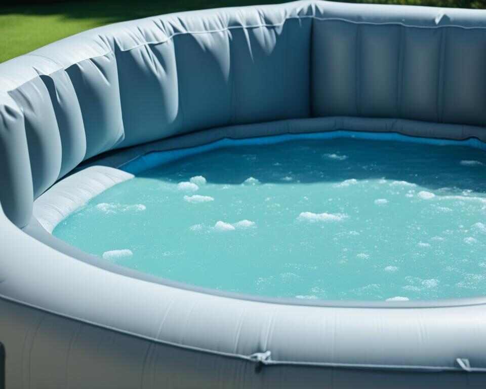 A view of an inflatable hot tub leaking water from the bottom.
