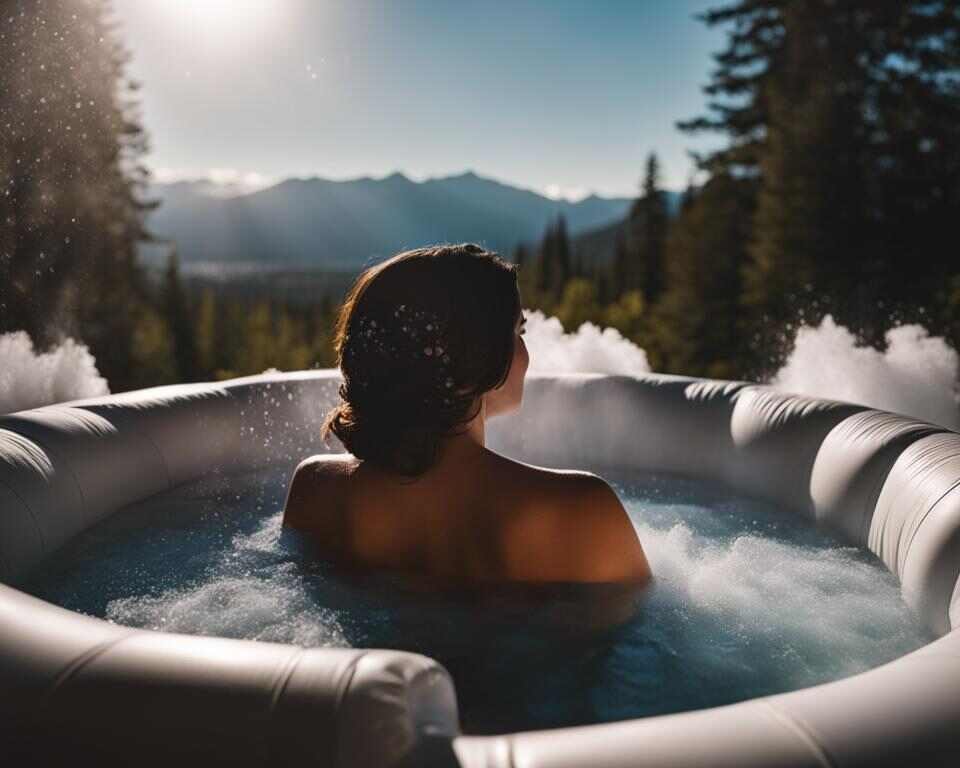 A person sitting in an inflatable hot tub with Epsom salt crystals sprinkled on top. 