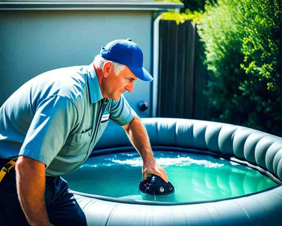 A photo of a repairman looking at an inflatable hot tub.