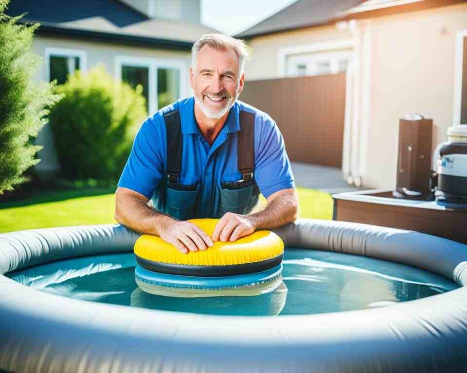 A repairman trying to figure out what's wrong with the inflatable hot tub.