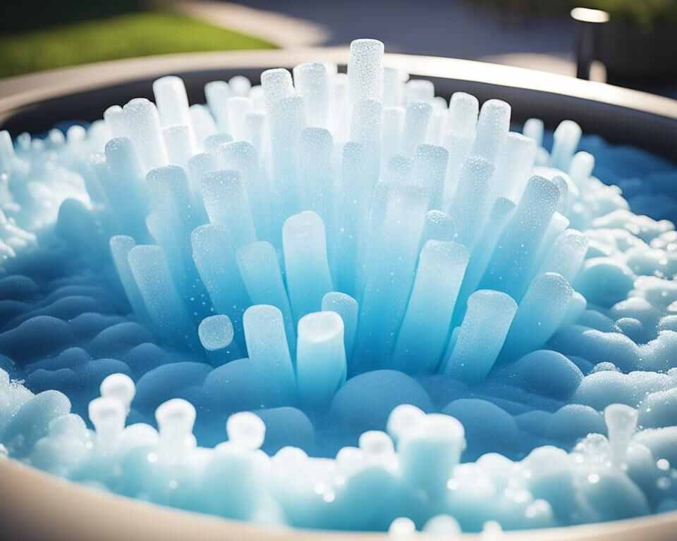 A depiction of an inflatable hot tub filled with clear water and a handful of Epsom salt crystals dissolving into the water. 
