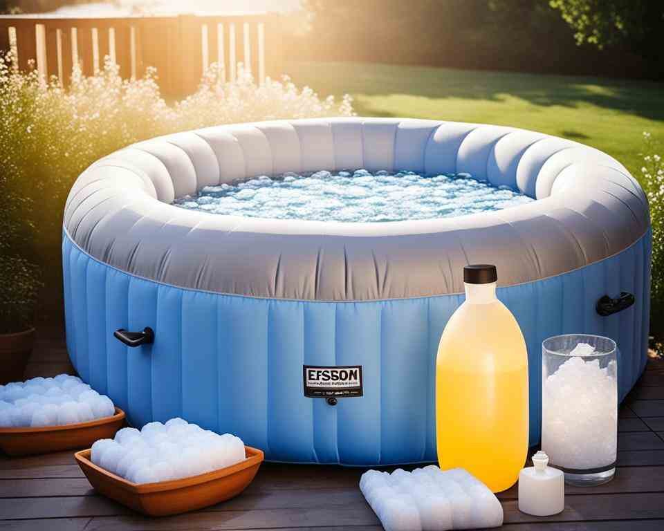 An inflatable hot tub filled with water, surrounded by several containers of Epsom salt.
