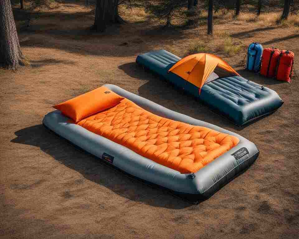 A bird's eye view of a self-inflatable mattress surrounded by camping equipment such as tents and sleeping bags.