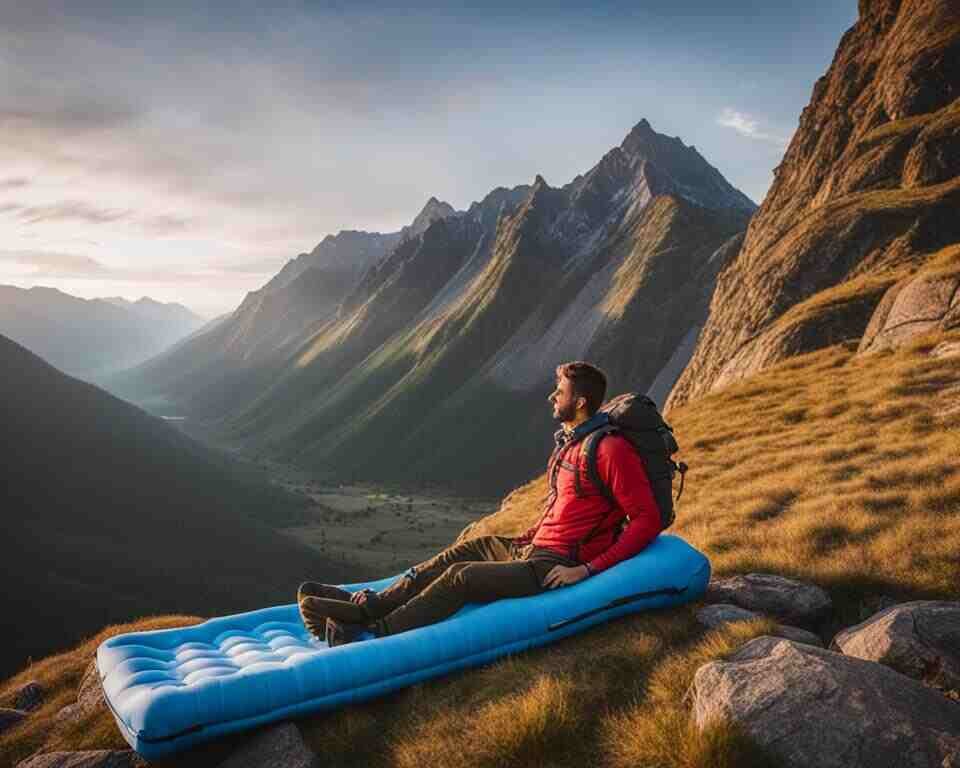 A hiker, standing on a rocky cliff, looks out at a stunning Mountain View while sitting on his inflatable air mattress.