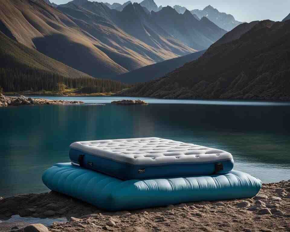 An inflatable mattress near the water, with a rocky shore and towering mountains in the background.
