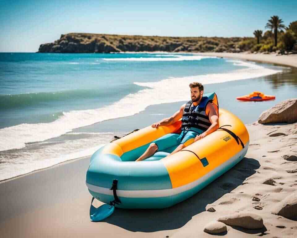 A person opting for an inflatable dinghy instead of an inflatable mattress due to choppy waters.