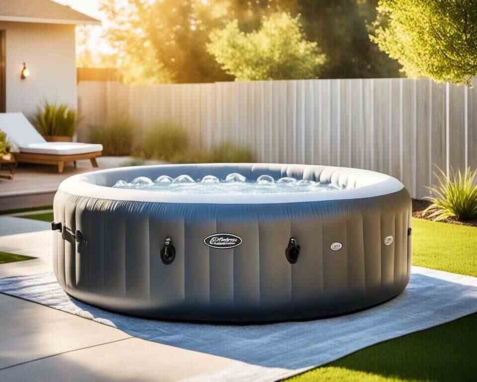 A crystal clear inflatable hot tub sitting in a serene backyard oasis. 