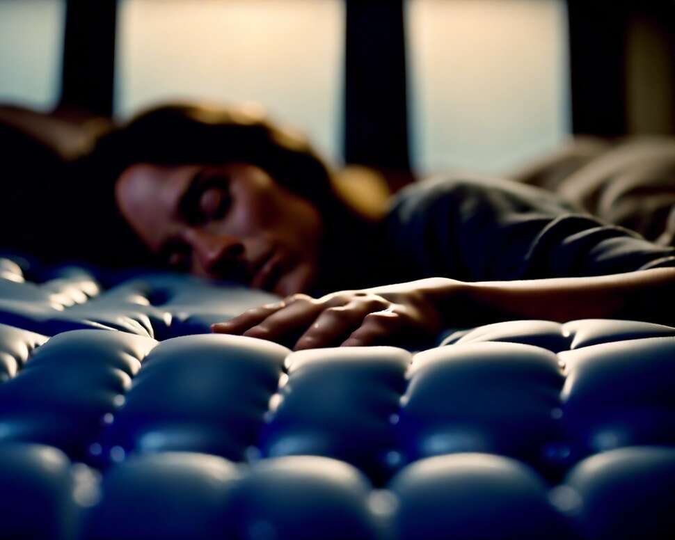 A woman sleeping on an inflatable air mattress.