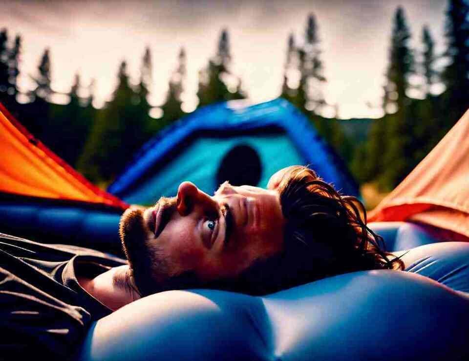 A person trying to get some sleep on an inflatable mattress during a camping trip.